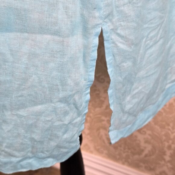 Chico's Size 2 (US Medium) Light Blue Tunic Gold Beaded 100% Linen 3/4 Sleeves - Picture 6 of 13